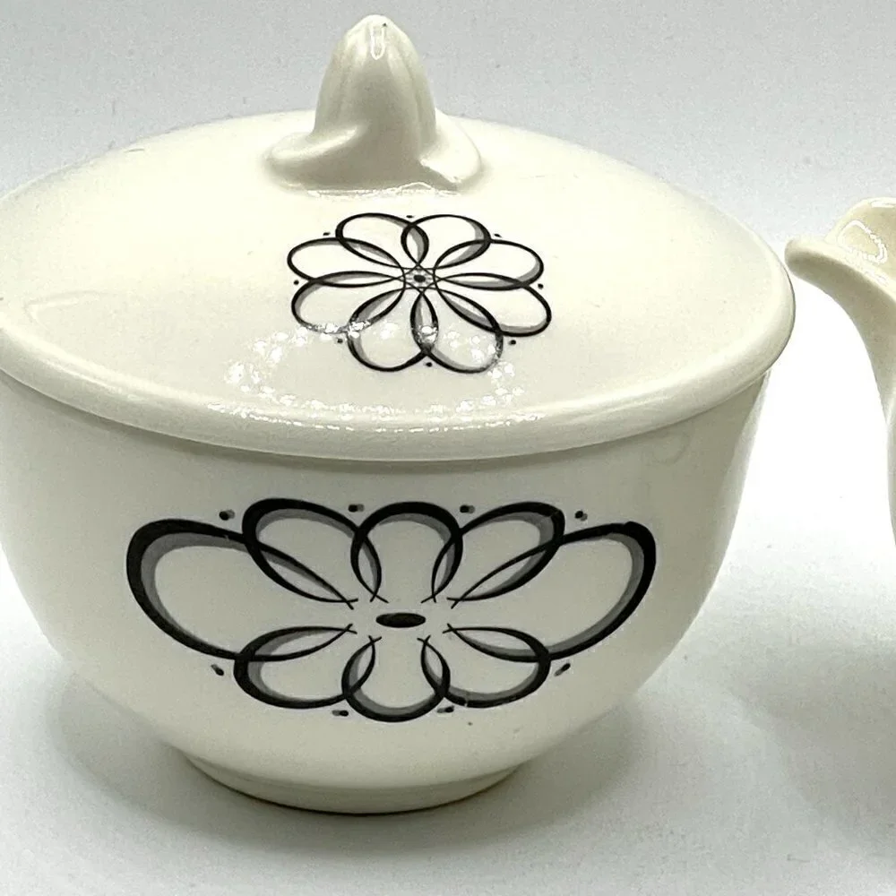 Vintage 1950s Creamer Covered Sugar Set Spencerian Scroll Taylor Smith Taylor